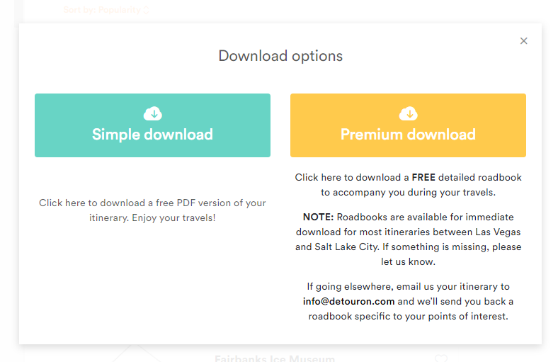 Download options: simple download of only your chosen points of interest or premium roadbook with practical information about your destinations