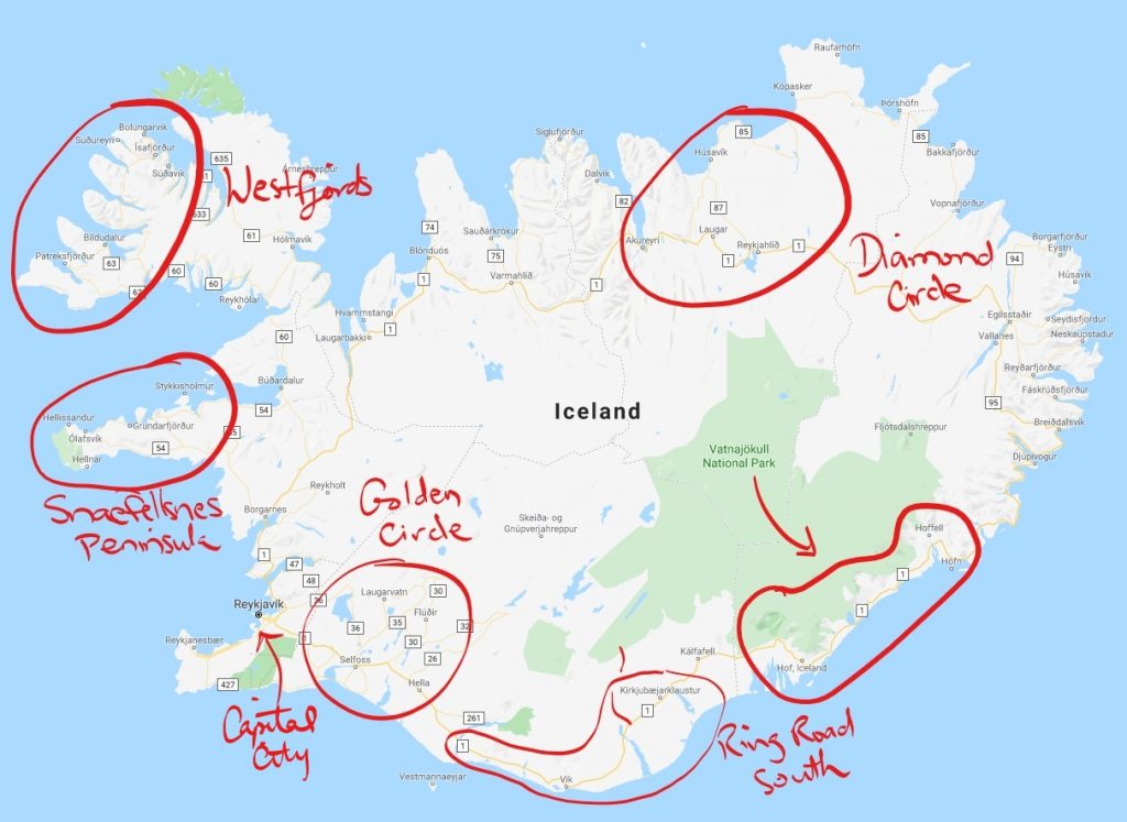 map of Iceland with recommended regions to visit