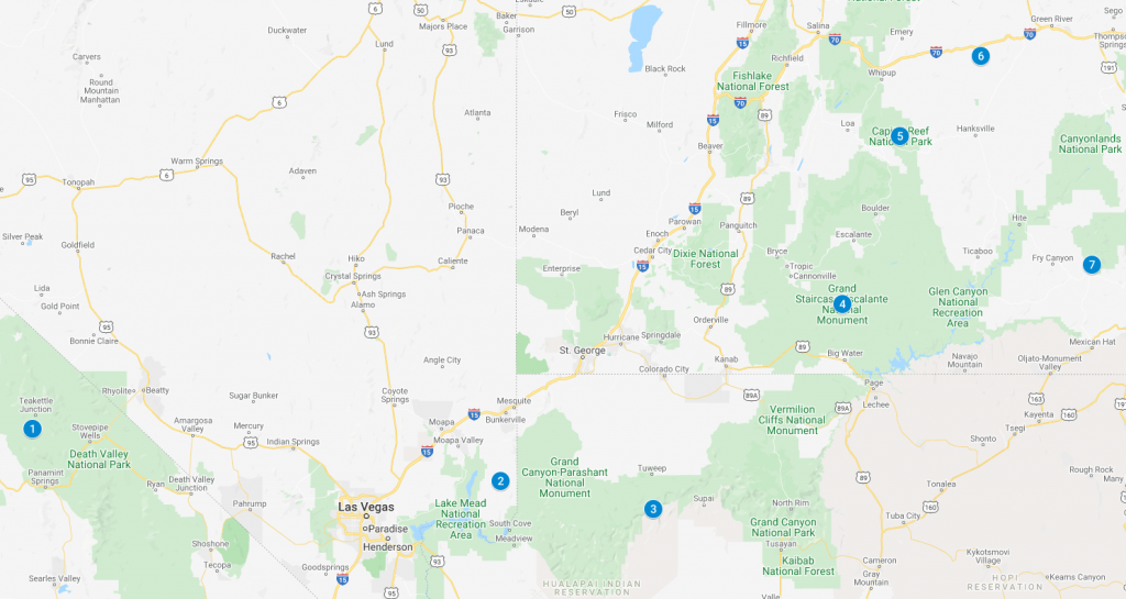 Map showing the best jeep trails in the American Southwest