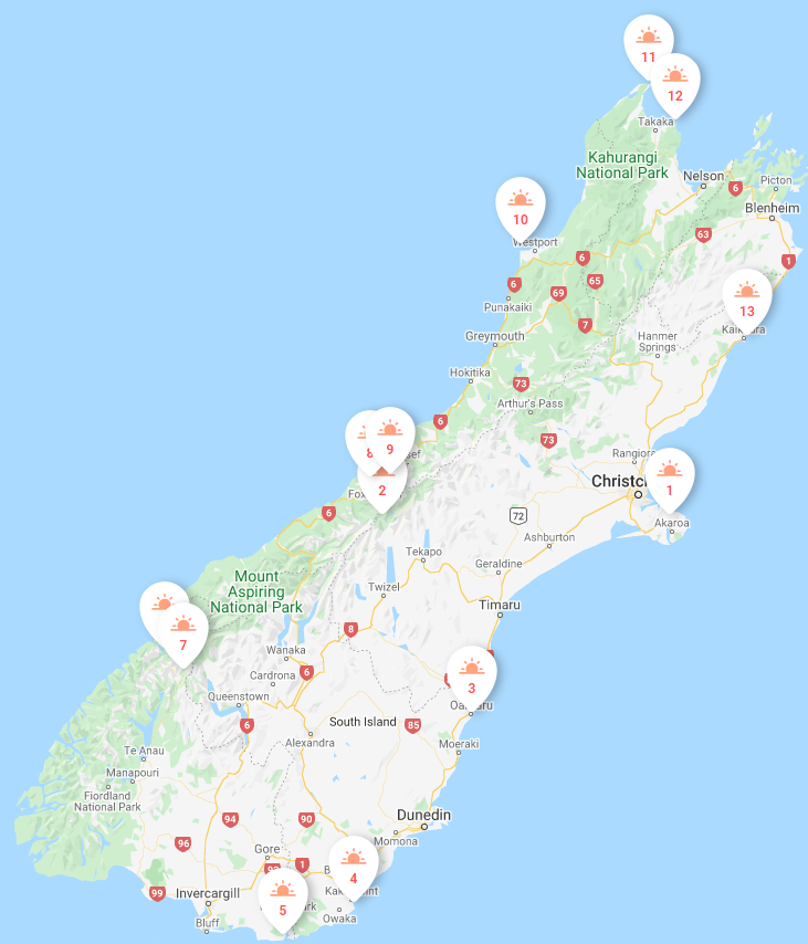Map of the South Island of New Zealand with highlighted things to do
