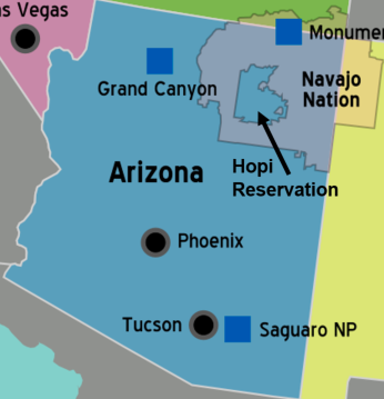 Map showing boundaries of the state of Arizona, Navajo Nation, and the Hopi Reservation