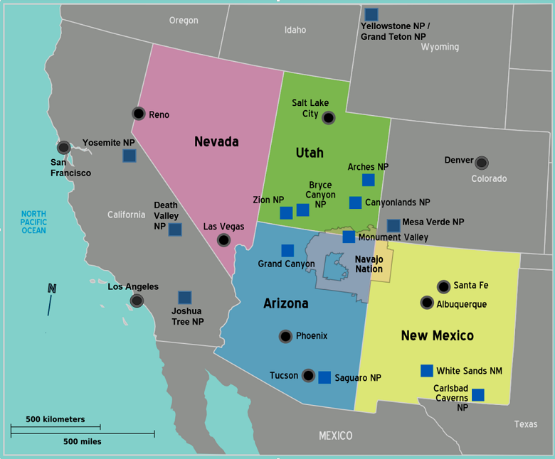 Map showing states, cities, and national parks of the southwest USA
