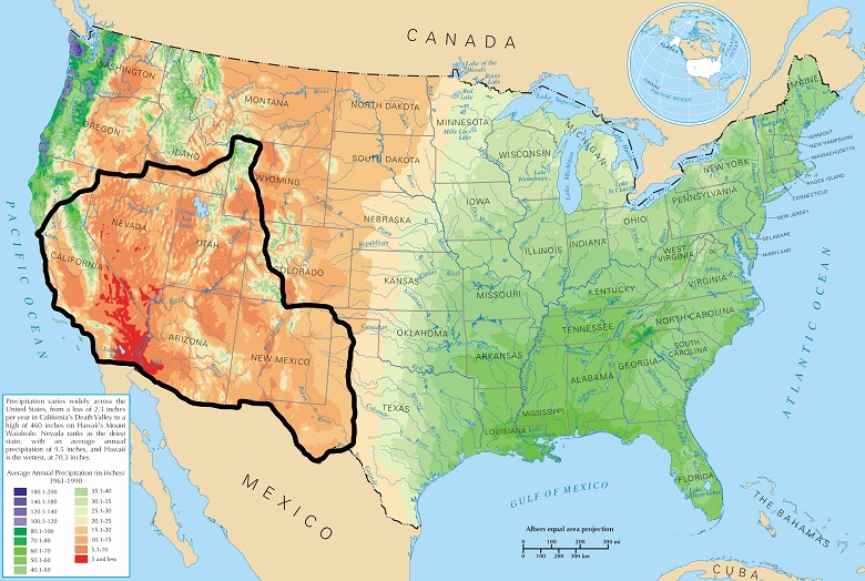 Map of the United States showing states and precipitation averages of the USA, and black boundary marking the us southwest region.