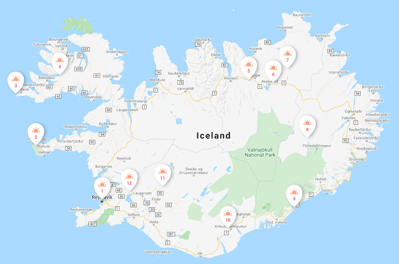 map of iceland with highlights