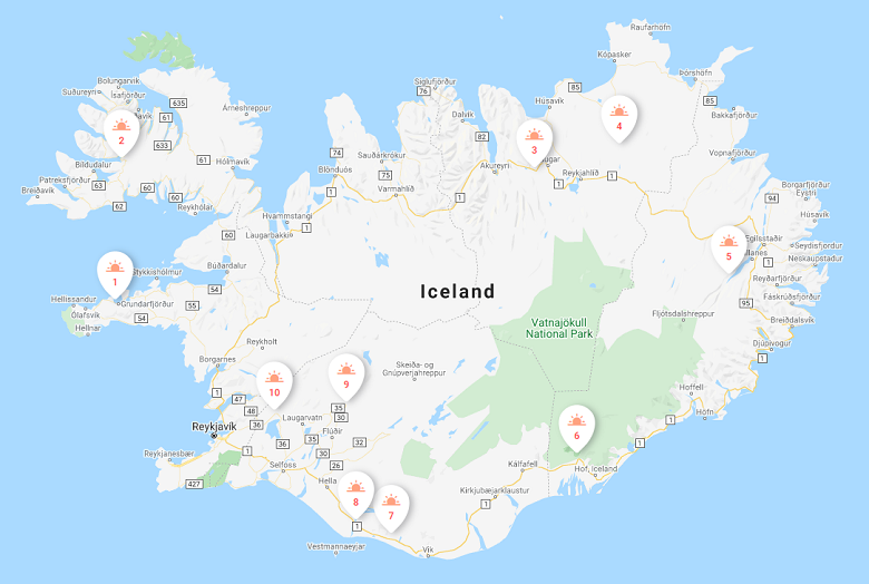 Map of waterfalls in Iceland