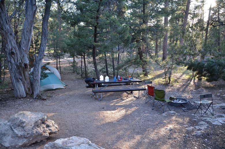 campsite with tent, picnic table, fire ring, and camp chairs