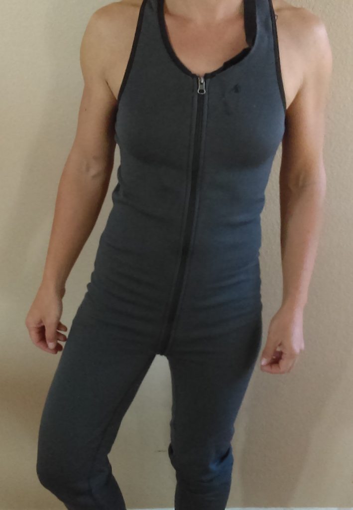 Grey fleece overalls with front to back zipper