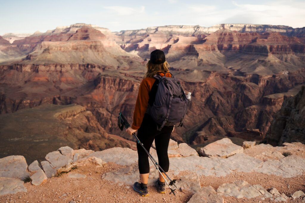 person at edge of canyon holding trekking poles