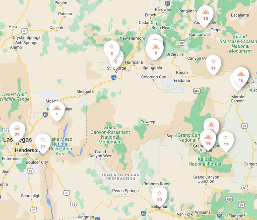 map of roadtrip destinations in Las Vegas, Zion, Bryce, Grand Canyon