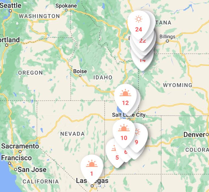 map itinerary of the Southwest with points of interest